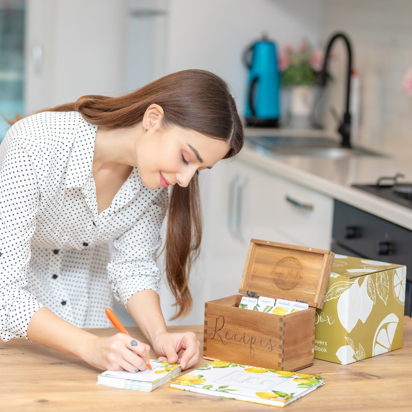 Acacia Wooden Recipe Box Kit - Includes Cards, Covers, Dividers, & Blank Recipe Book