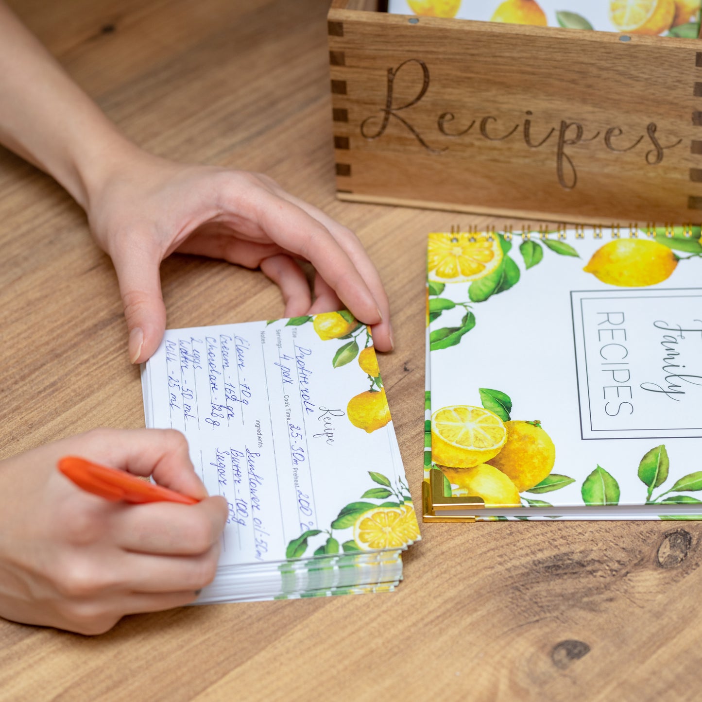 Acacia Wooden Recipe Box Kit - Includes Cards, Covers, Dividers, & Blank Recipe Book