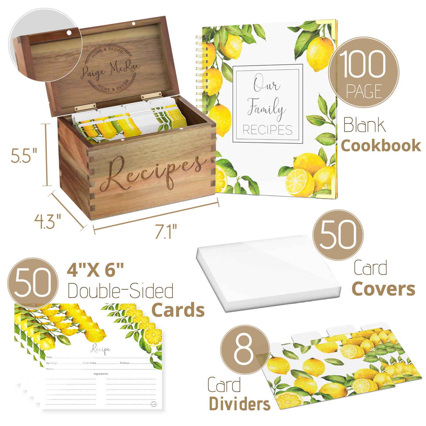 Acacia Wooden Recipe Box Kit - Includes Cards, Covers, Dividers, & Blank Recipe Book